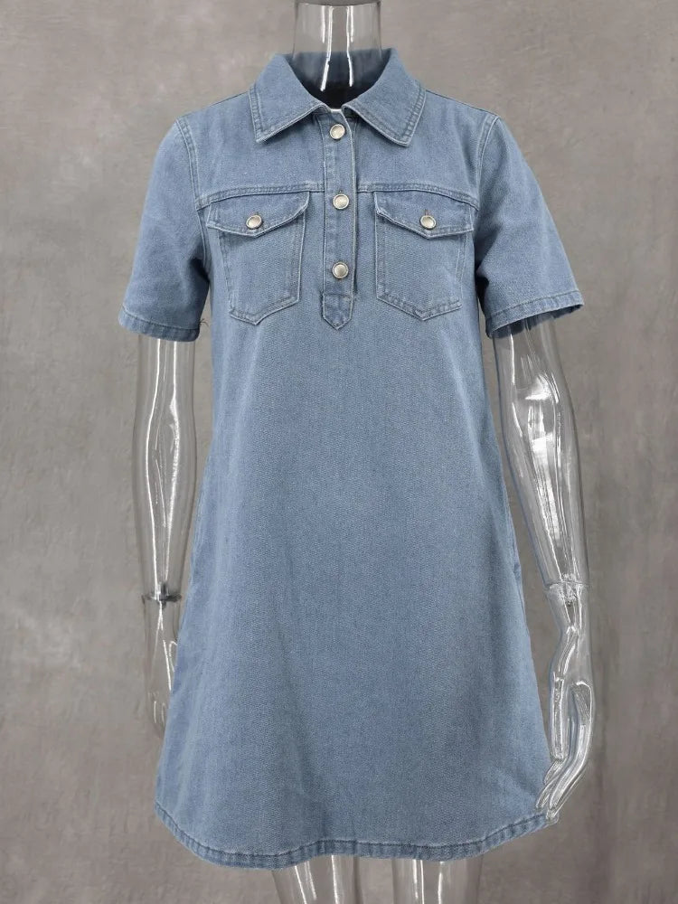 vmtvr Summer Blue Denim Mini Dress Women Fashion Turn-down Collar Loose A-line Dress 2024 Short Sleeve Casual Dress Streetwear