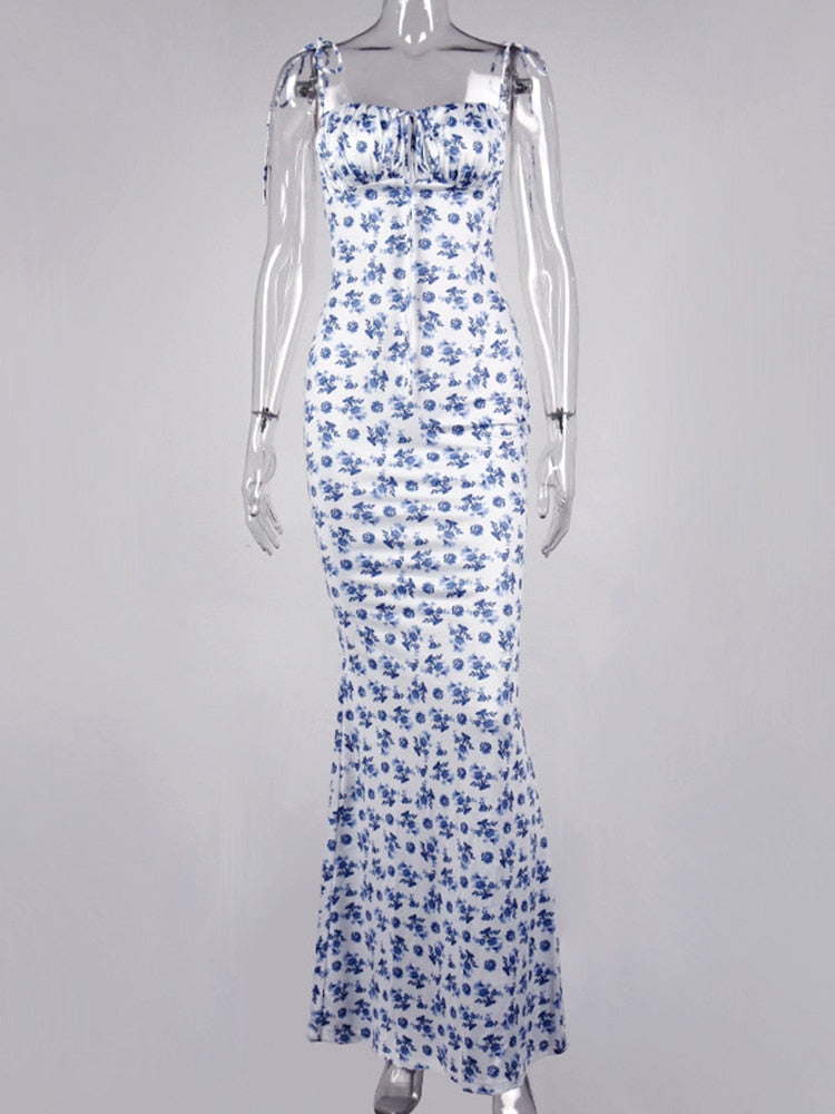 vmtvr Floral Print Cottagecore Elegant Sleeveless Maxi Sundress Sexy Backless Women Party Club Tie Front Dress Holiday