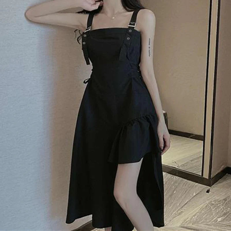 vmtvr Y2K Women Camis Dress Korean Lace-Up Waist Black Dress Summer Fashion Asymmetries Female Ball Gown Dresses New