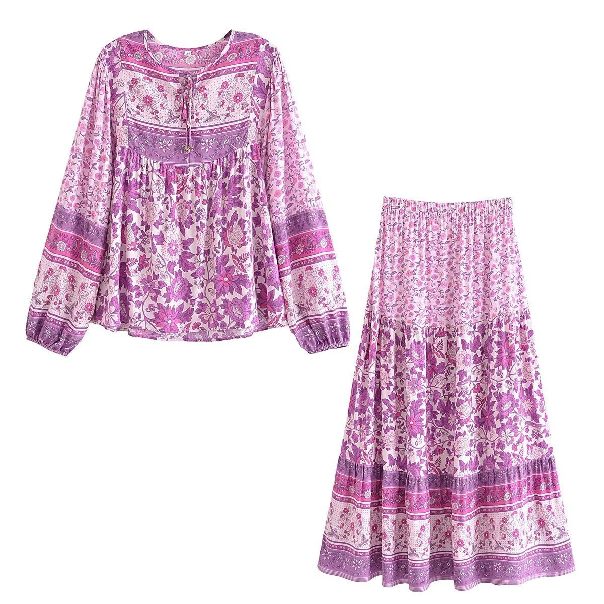 vmtvr - Two Pieces Dress Sets Flower Shirt and Skirts Boho Matching Sets Fashion Mujer Maxi Dress Printing Ensemble Femme 2 Pièces
