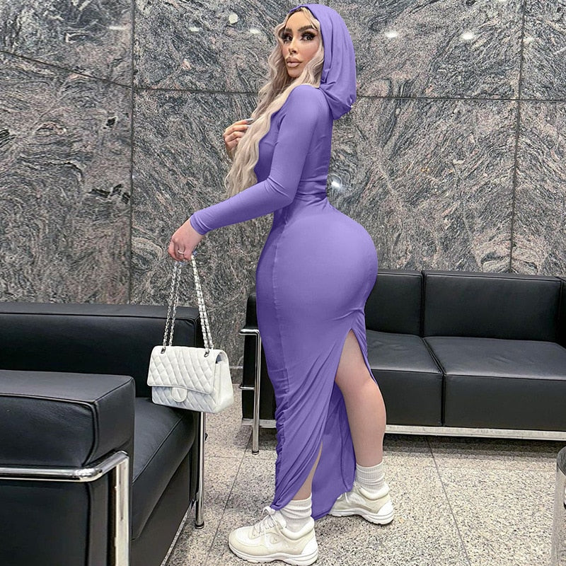 vmtvr - Hooded Long Sleeves Fitted Dress for Women Elegant Sexy Back Slit Bodycon Maxi Dresses Street Style
