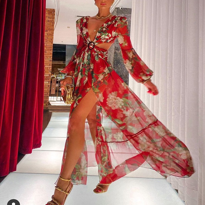 vmtvr Sexy V-Neck Backless Hollow Out Dress Summer Women Lantern Sleeve Club Party Long Maxi Dresses Tunic Beach Cover Up A916