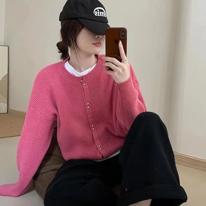 vmtvr Women O-neck Knitted Cardigan Autumn Winter Long Sleeved High-end Sweater Cardigans Lazy Style Female Loose Soft Knitted Coat