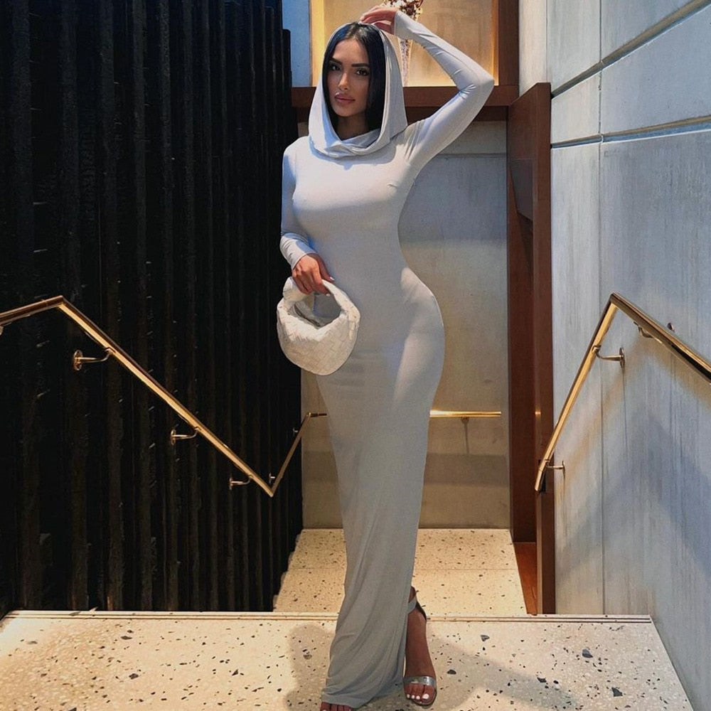 vmtvr - Hooded Long Sleeves Fitted Dress for Women Elegant Sexy Back Slit Bodycon Maxi Dresses Street Style