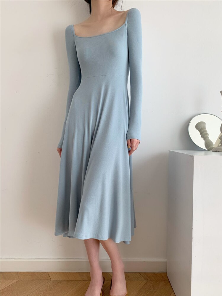 vmtvr Long Sleeve Knitted Midi Dress Women Pure Color Elegant Dress Party Autumn Fairy Slim One Piece Dress Korean Fashion Chic