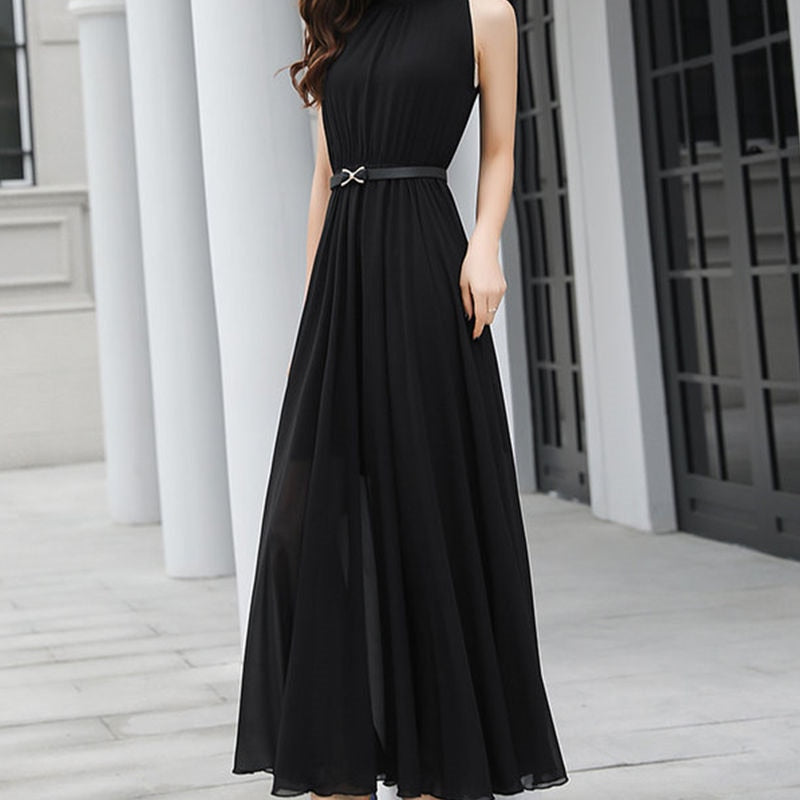 Simple Elegant Ladies Sleeveless Black Red Chiffon Long Dresses Women's Summer Fashion Ruffled Halter High Waist Maxi Dress Robe