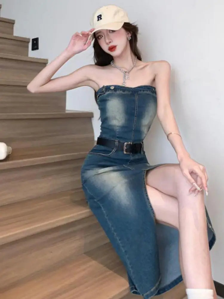 vmtvr Sleeveless Women Denim Suspender Dress Summer New Midi Blue Korean Fashion Strapless Streetwear Female Off Shoulder Slit Dresses