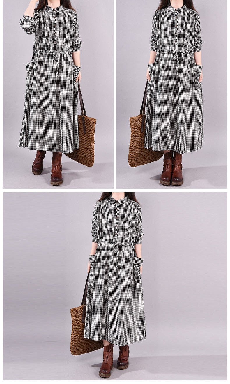 vmtvr - Dresses for Women Loose Stitching Cotton and Linen Plaid Long-sleeved Dress Women's Lace-up Waist Midi Skirt Elegantly