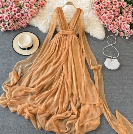 vmtvr - Autumn Khaki/White Bandage Chiffon Long Dress Sexy Deep V-Neck Sleeveless High Waist Vestidos Vacation Beach Maxi Robe New