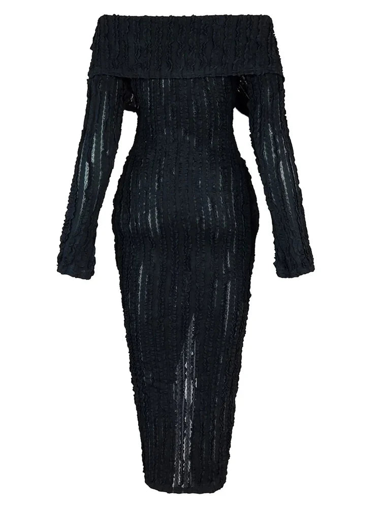 Women's Chic Pleated Midi Dress Off Shoulder See-Through Fitted Ruched Party Dress Night Club Outfits Clubwear