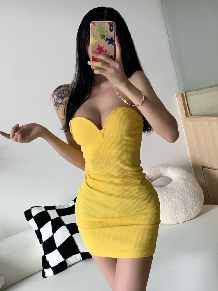 vmtvr - Chest Wrap Mini Tank Dress Sexy Tight High Waist Bright Elegant OL New Summer 2023 Hot Sexy Korean Robe Tops U780