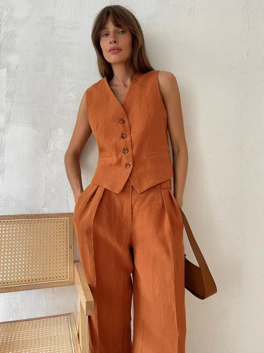 vmtvr Womem Linen Cotton Chic Vest & Pants Suit Two-Piece Set Office Ladies Summer Chic 2 Piece Sets Womens Outfits