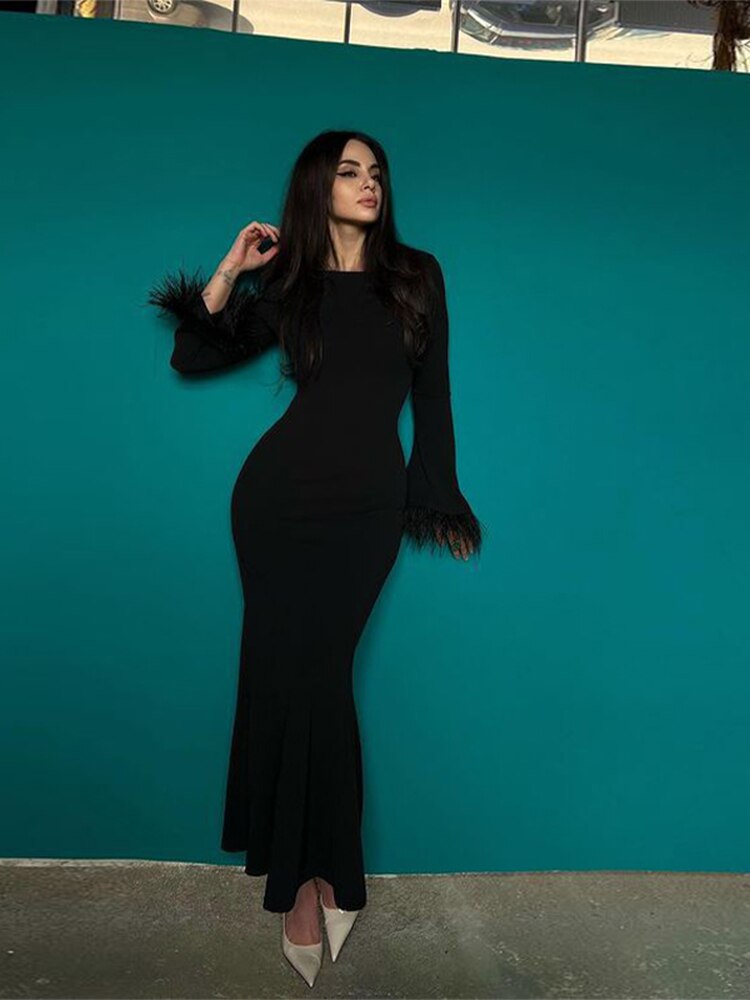 Women's Feather Cuffs Maxi Dresses Advanced Black Retract Waist Bodycon Dress Spring Temperament Ladies O Neck Clothes