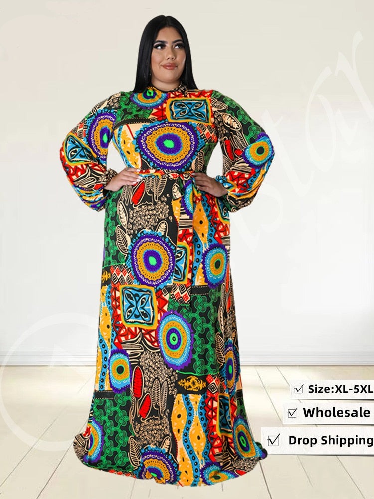 Wmstar Plus Size Party Dresses for Women Fall Clothes Long Sleeve Printed Africa Maxi Long Dress New Wholesale Dropshipping