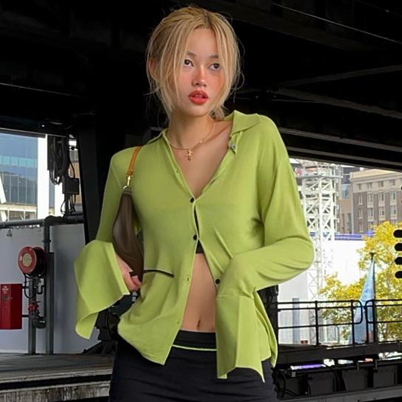 -Fall Outfits Long Sleeve Top Knitted Blouses Green Black White Spring Womens Fashion Y2k Shirts Button Up Cardigan Long Sleeve Tops