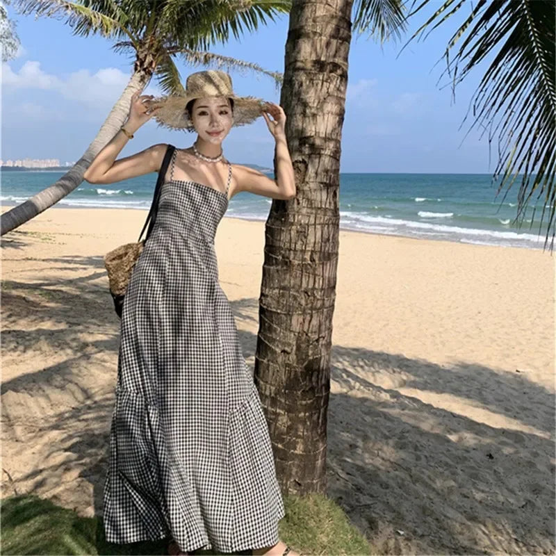 vmtvr 2024 New Women Plaid Lace Up Backless Beach Dress Summer Retro Vacation Slip Female Y2K Swinging Casual Long Dance Sundress