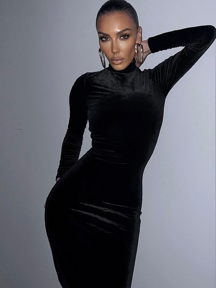 Long Sleeve Elegant Black Velvet Bodycon Maxi Dress For Women Ruched Party Evening Long Dresses Spring Female Clothes