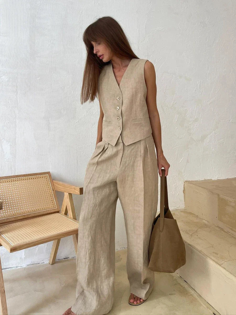 vmtvr Womem Linen Cotton Chic Vest & Pants Suit Two-Piece Set Office Ladies Summer Chic 2 Piece Sets Womens Outfits