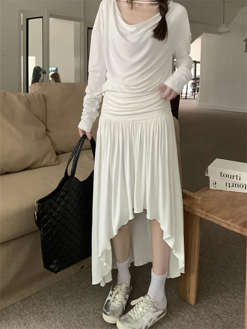 vmtvr Knitted T-Shirts Autumn Suits Women Chic Irregular Maxi Skirts New Office Lady Slim Sunscreen Daily Sets