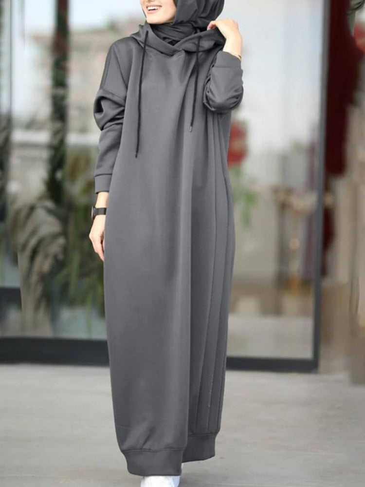Women Muslim Dress Sweatshirt Dress Stylish Hoodies Long Sleeve Maxi Dress Female Casual Solid Hooded Vestidos Robe