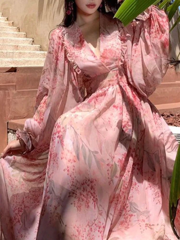 vmtvr Spring And Summer Floral Print Long Dress For Women Lantern Sleeve Beach Holiday Dresses V-Neck Long-Sleeved Robe Clothes