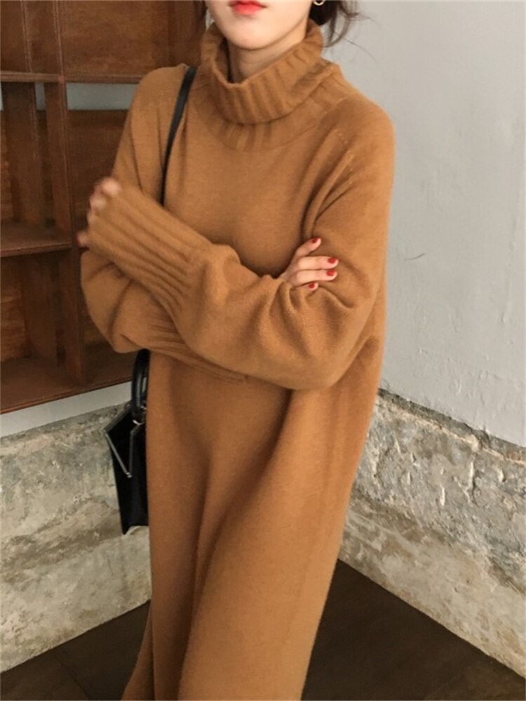 Thick Winter Women'S Dress Fall Sweater Women Dress Long Sleeve Knitted Dresses Maxi Vintage Oversize Dresses Knitting