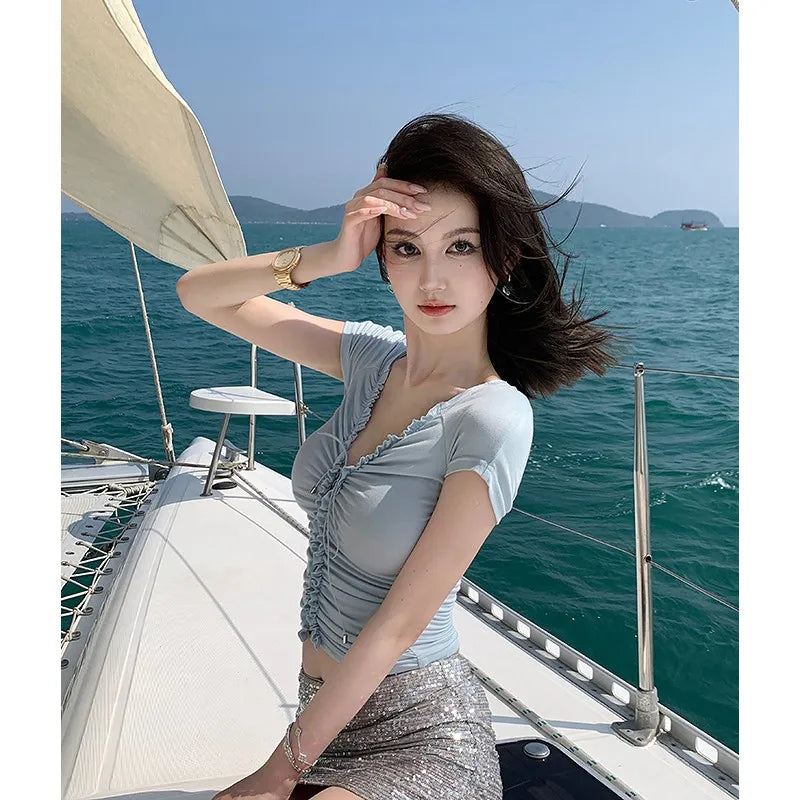 vmtvr Summer Fashion Solid V Neck T Shirts Women Short Sleeve Sexy Crop Tops Ladies Casual Tees Top Tees Female T-Shirts