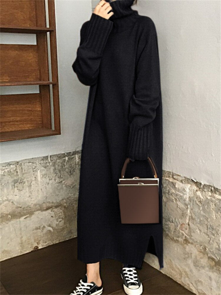 Thick Winter Women'S Dress Fall Sweater Women Dress Long Sleeve Knitted Dresses Maxi Vintage Oversize Dresses Knitting