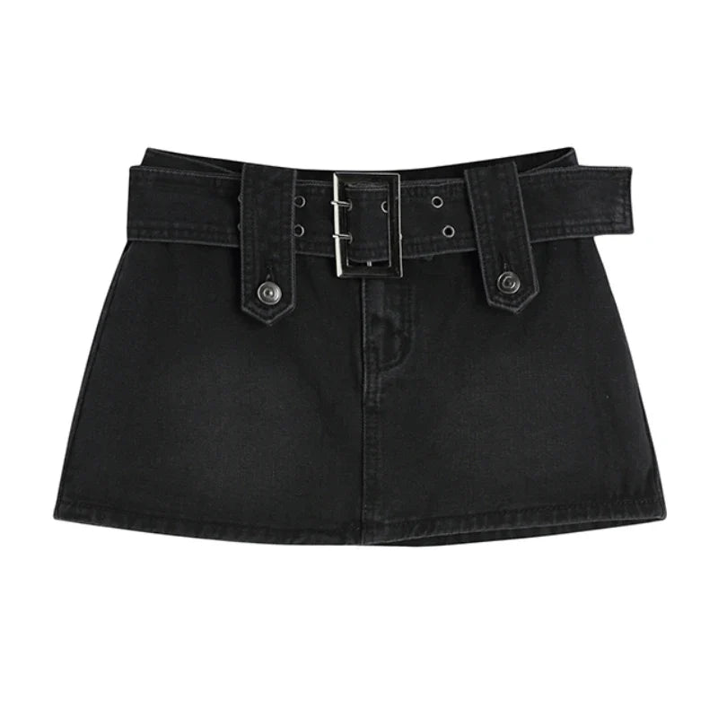 vmtvr Low Waist Women Mini Skirts Black Summer Belt Sexy A Line Denim Skirts Korean Fashion Streetwear New Y2K Jeans Skirt
