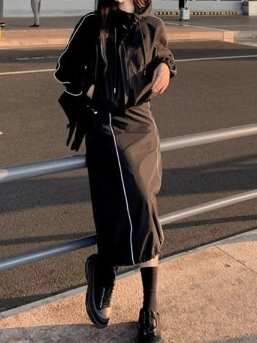 vmtvr Vintage Black Hooded Jacket and Skirt Tracksuit Women Y2k Long Sleeve Sport Corpcore Coat Top Loose Spring Summer Clothes Set