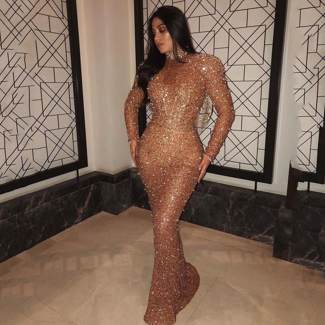 vmtvr - Gown Birthday Maxi Dress Chic Sparkly Tassel Fashion Night Club Party Women's Dresses Long Sleeve Backless Golden Sexy