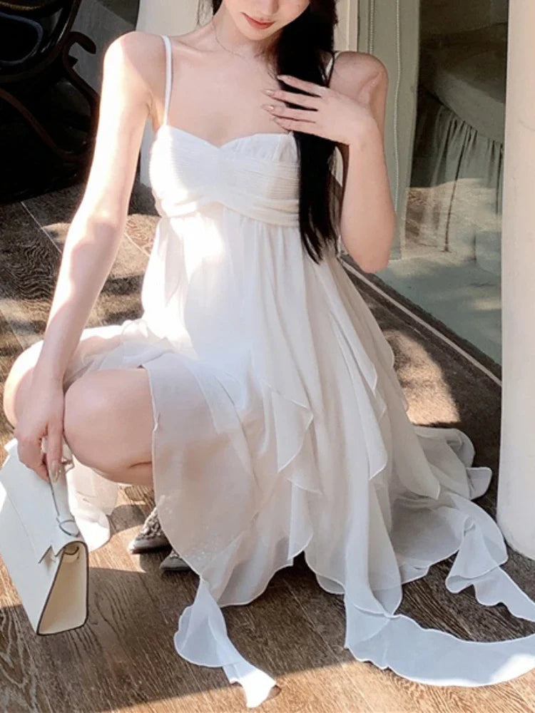 vmtvr Fairy Chiffon Pink Strap Dress Women Sexy Backless Even Party Dress Beach Style Casual Y2k Mini Dress Korean Summer Chic