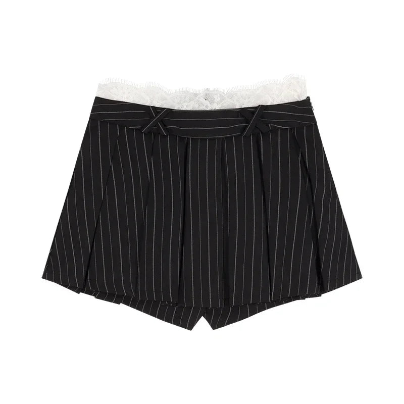 vmtvr 2024 Summer 2 Piece Skirt Set V-neck Lace Patchwork Striped Casual Camisole Women + High Waist Pleated A-line Skirt Vintage Suit