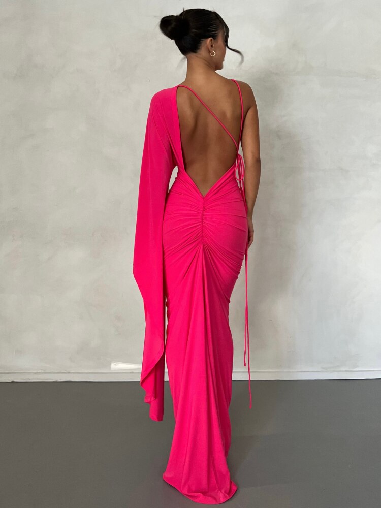 Rose Red Backless Maxi Dress Women Sexy Ruched Evening Party Dresses Fashion Elegant One Shoulder Slim Long Summer Dress