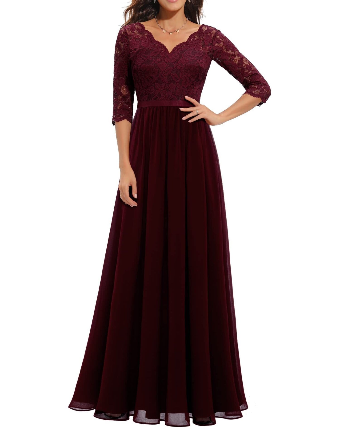 vmtvr Women's Elegant Vintage V Neck 3/4 Sleeve Floral Lace Chiffon Wedding Bridesmaid Maxi Dress Long Formal Dresses