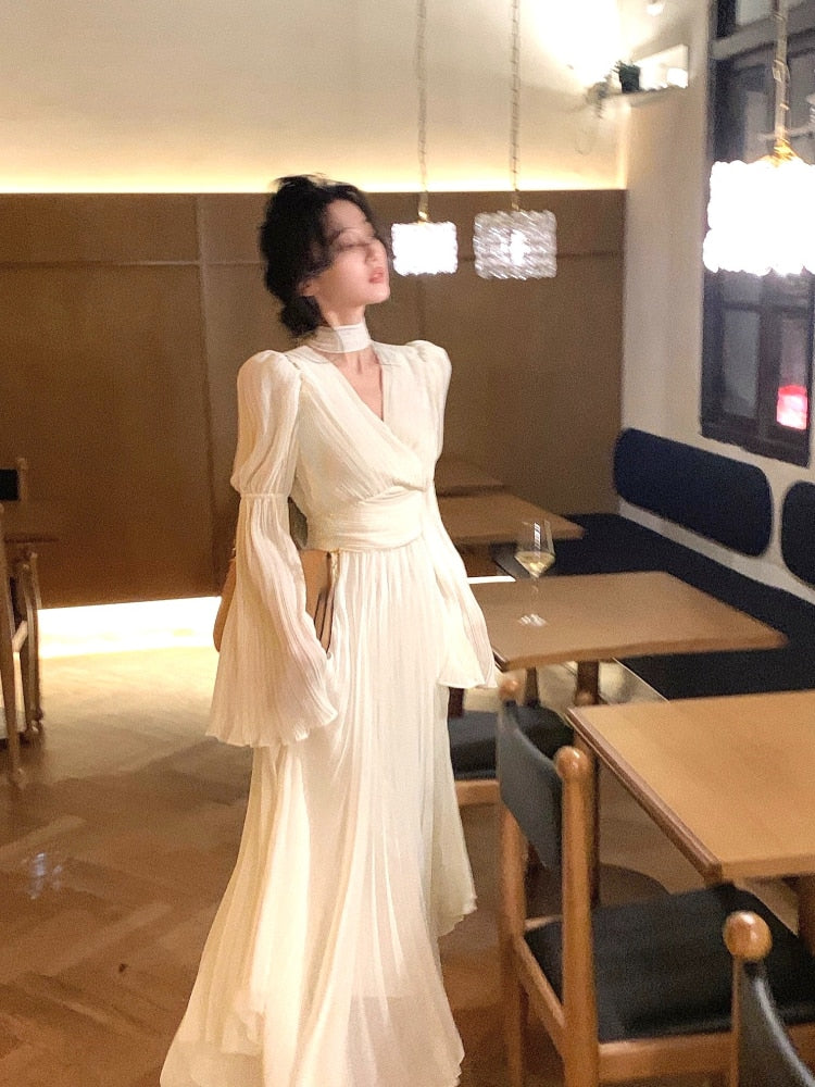 vmtvr - Fairy Pure Color Midi Dress Woman French Elegant Evening Party Dress Long Sleeve Spring One Piece Dress Korea Fashion Chic
