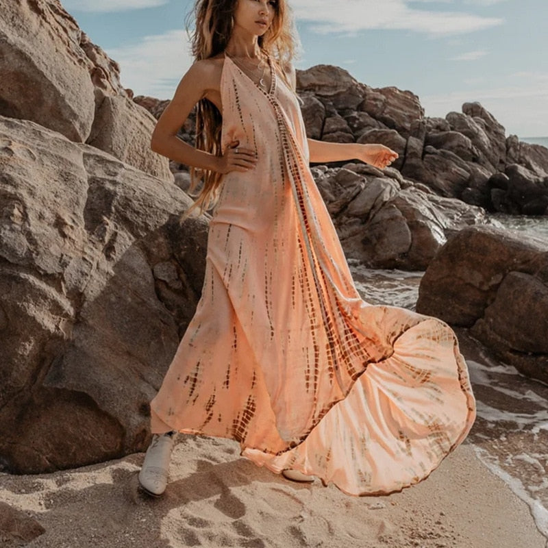 vmtvr - Women's Sexy Sleeveless Necktie Maxi Dress Backless Printed Summer Dress Halter Long Vestidos Boho Dyed Holiday Robes