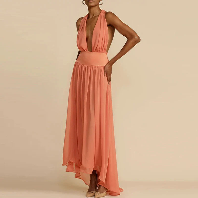 vmtvr Bohemian Deep V-neck Halter Chiffon Long Dress Women Spring High Waist Irregular Maxi Dress Summer Backless Hollow Party Dresses