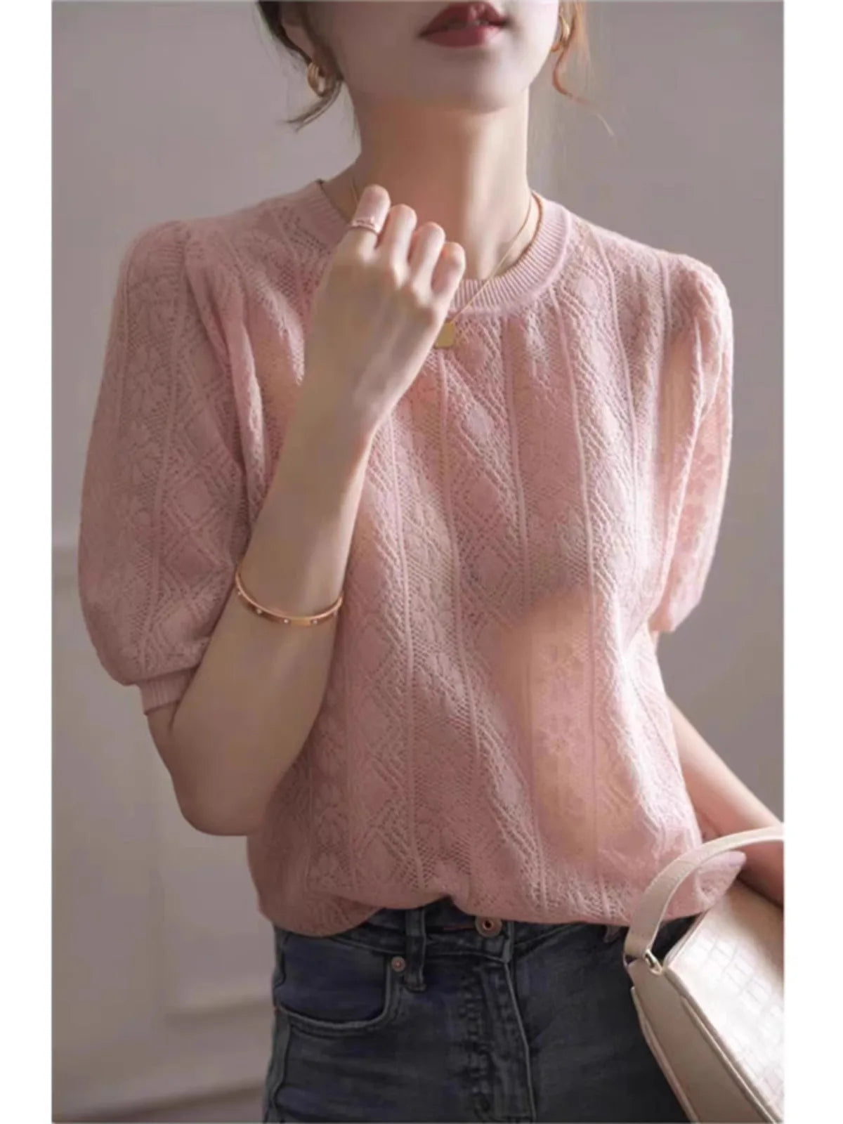 vmtvr European goods new hollow thin short-sleeved knitwear women's summer loose temperament round neck half-sleeved T-shirt