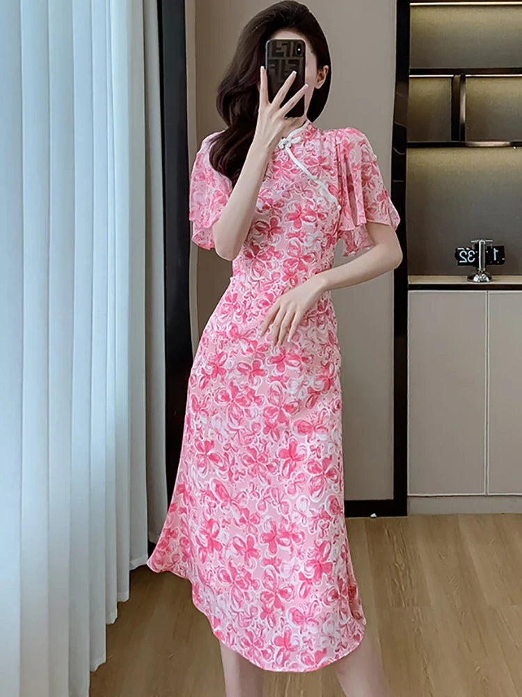 vmtvr 2024 Pink Floral Chic Casual Holiday Dress Summer Short Sleeve Bodycon Elegant Evening Dress Women Korean Fashion Party Vestidos