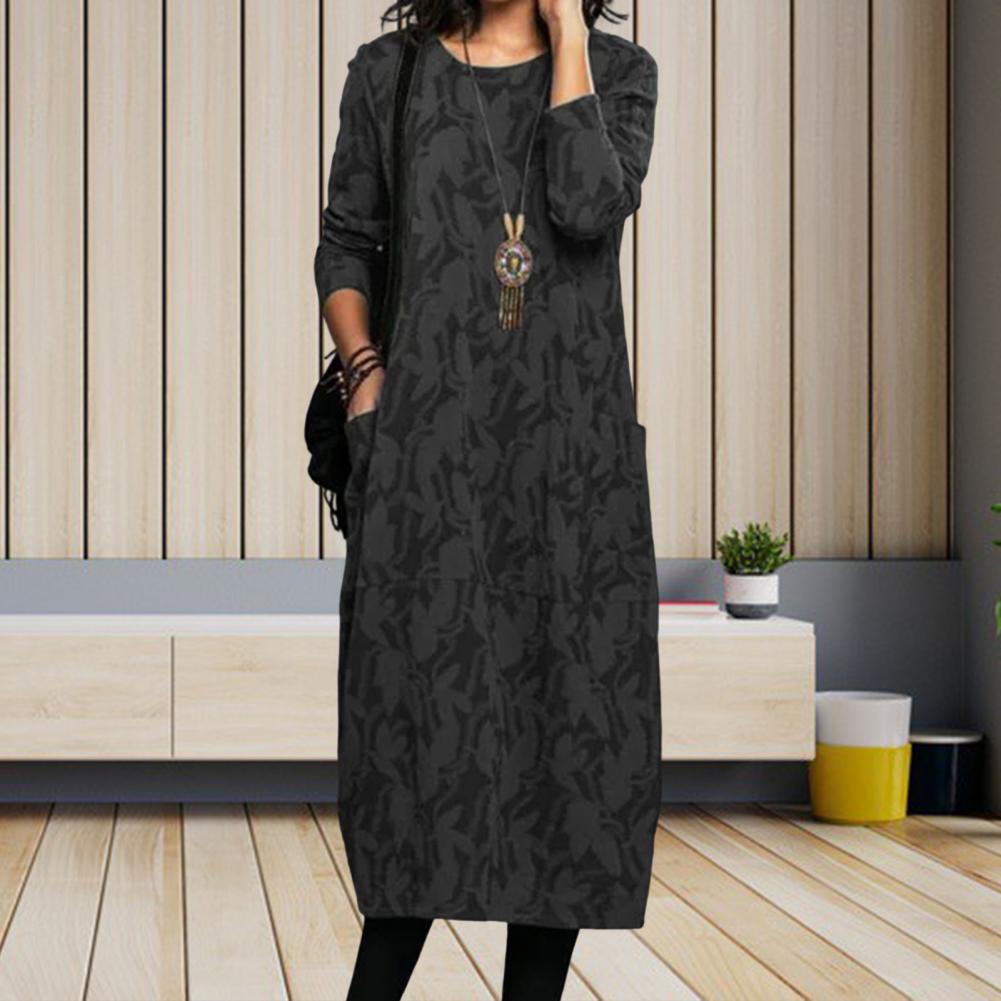 Women Midi Dress for Women Vintage Print Long Sleeves Crew Neck Dress Spring Autumn Loose Double Pockets Dress Streetwear