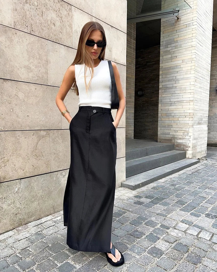 vmtvr Women's Vintage Elastic Waist Buttons Skirts Summer Female Casual Cotton Black Split Long Skirts