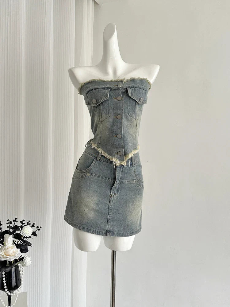 vmtvr 2024 Summer Vintage 2 Piece Skirt Set Women Casual Y2k Sleeveless Tops + Office Lady Slim Mini Skirt Fashion Sweet Denim Suits