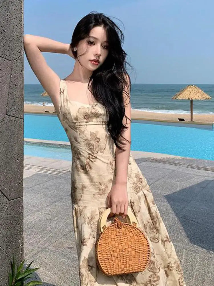 vmtvr Rose Floral Printing Ruffles Slip Long Dresses Bohemian Backless Sleeveless Women Summer Beach Travel Party Wear Ladies Vintage