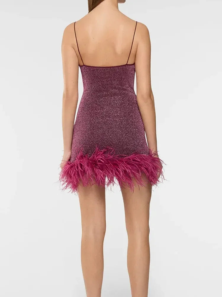-Sexy Backless Bodycon Mini Sling Gowns Women Fashion Shiny Feather Hem Patchwork Mini Dress Summer Lady Party Evening Robes