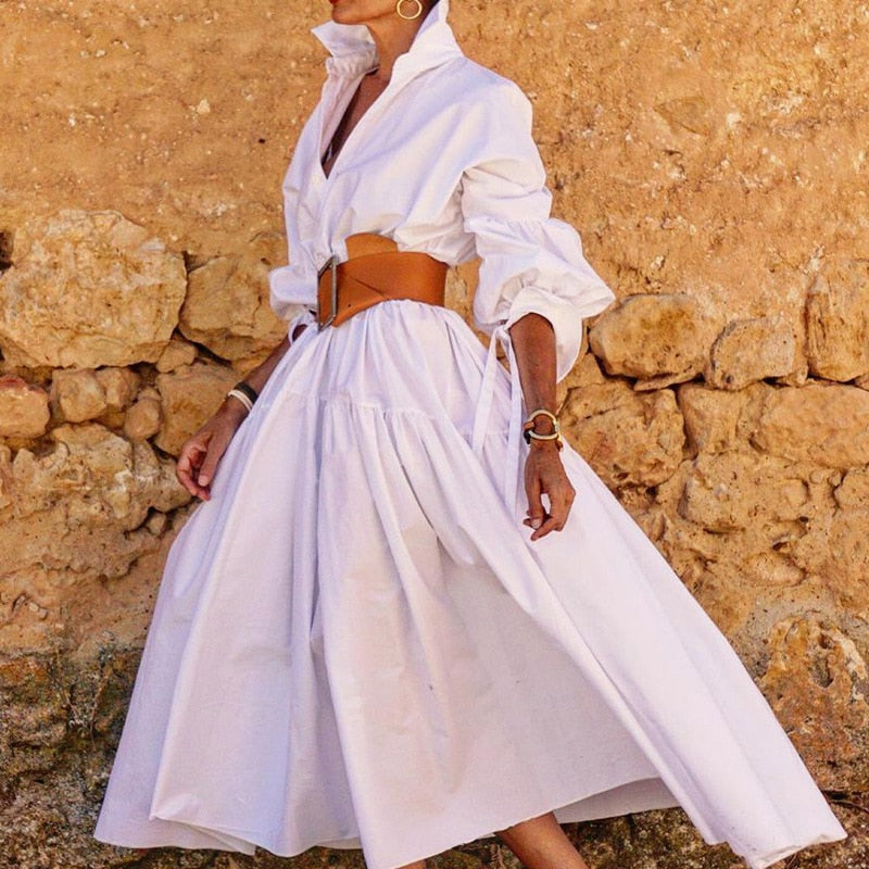 vmtvr - Chic Solid Color Lapel Shirt Dress Women Spring Button-up Long Pullover Dress New Autumn Long Sleeve Hem Pleated Maxi Dress