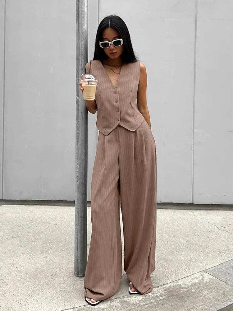 vmtvr 2024 Women Spring Summer Office Pant Set Striped Khaki Outfits V-neck 2 Two Piece Matching Suit Set For Women