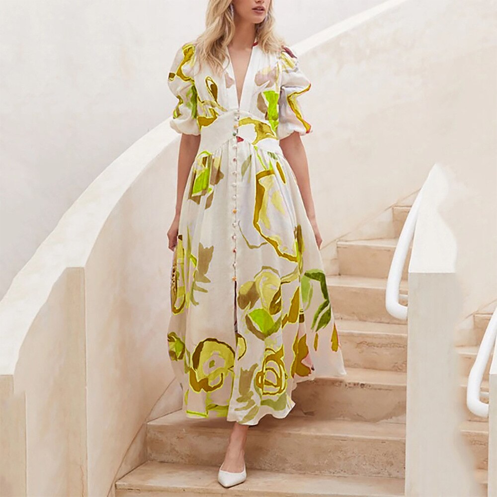 vmtvr - Dresses For Women Summer Sexy Print Long Maxi Dress Ladies Elegant Button Up Boho Floral Ruffles Pink Robe Vestidos
