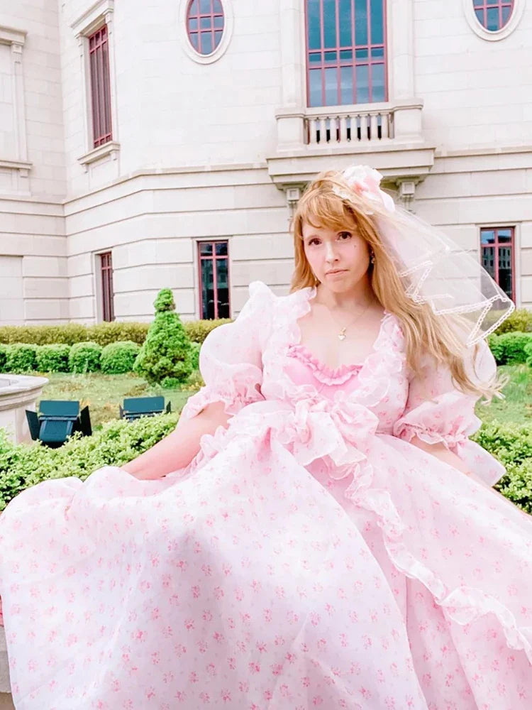 High Street Maxi Dress Gown Elegant Chic Pink Summer Women Dresses Ruffles Bow Tie Holiday Ladies Vestidos