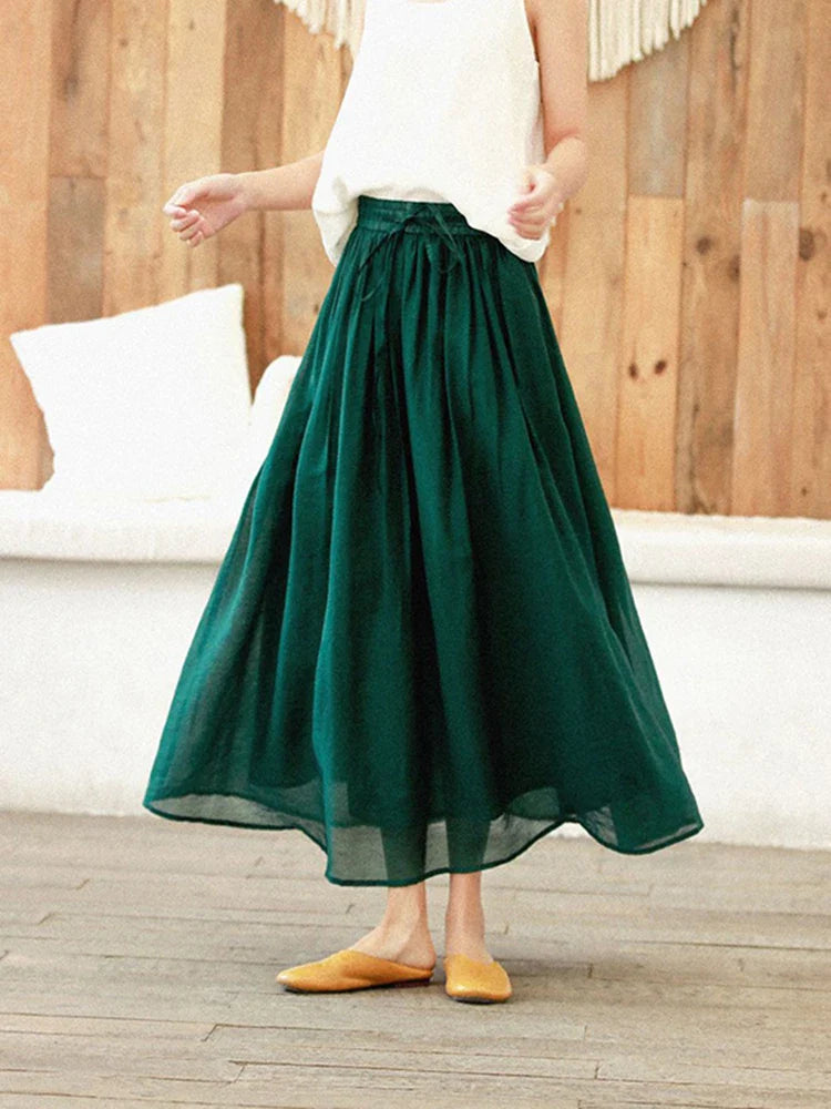 vmtvr Women Tulle Long Skirt Elastic High Waist Mesh Summer Green Fashion Loose Pleated Skirts Lace Up Elegant Ladies Skirt